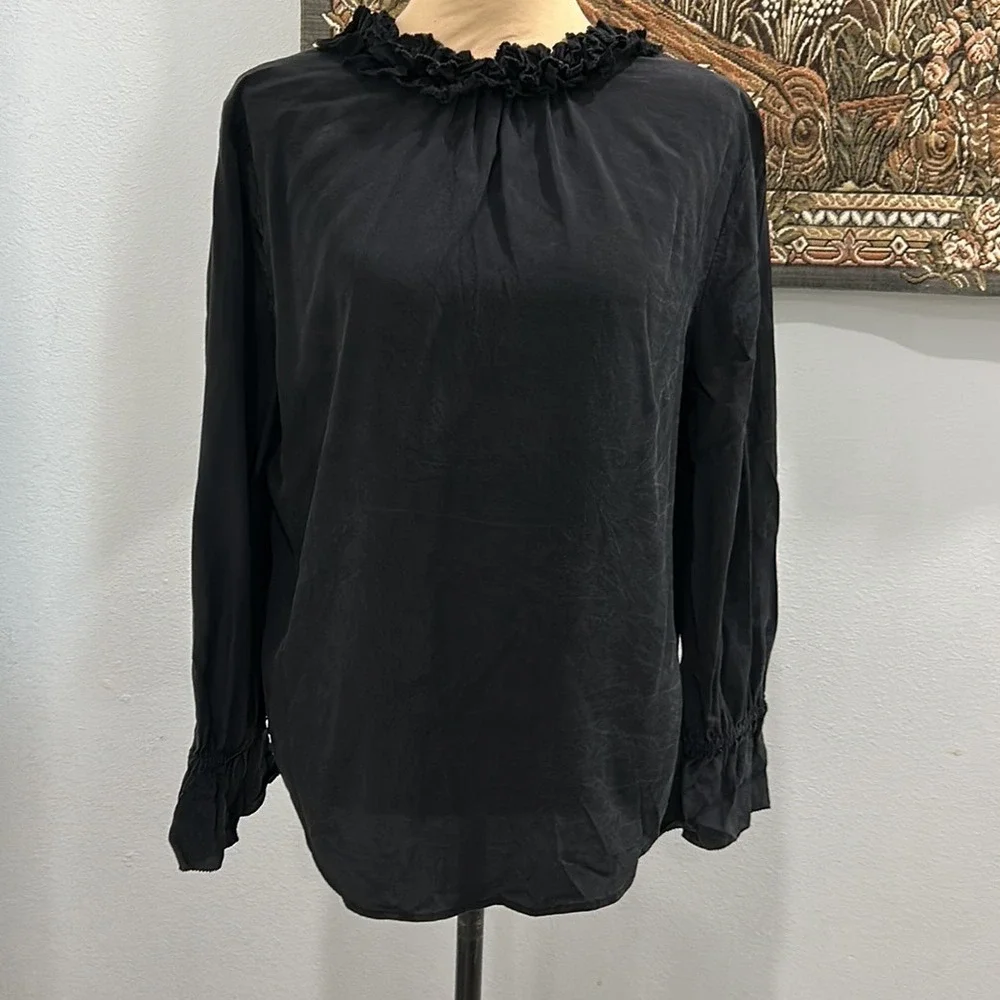 J. Crew Silk Ruffle Neck Long Sleeve‎ Black Blouse Top S-M